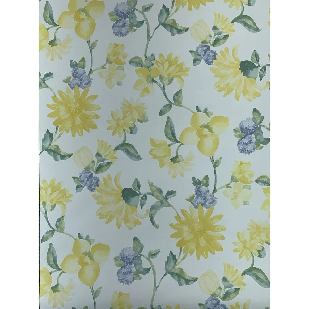 Vintage Wallpaper Floral Yellow Flowers on White Background.